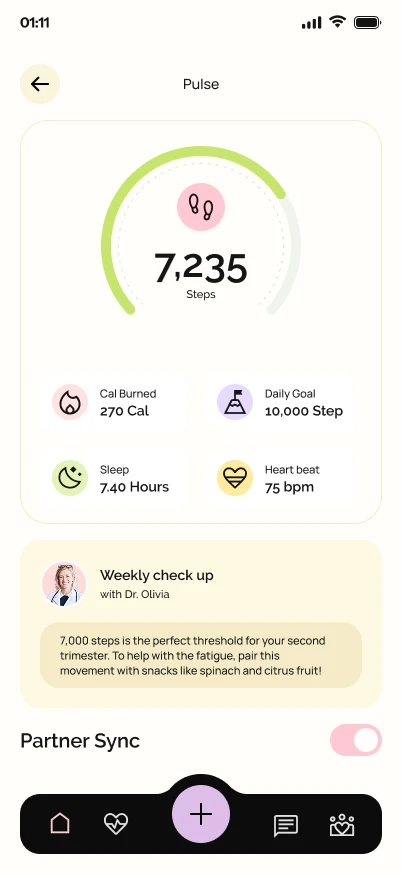 Adoré Pulse screen — 7,235 steps with calories burned, sleep, and heart rate, and a weekly check-up note from Dr Olivia