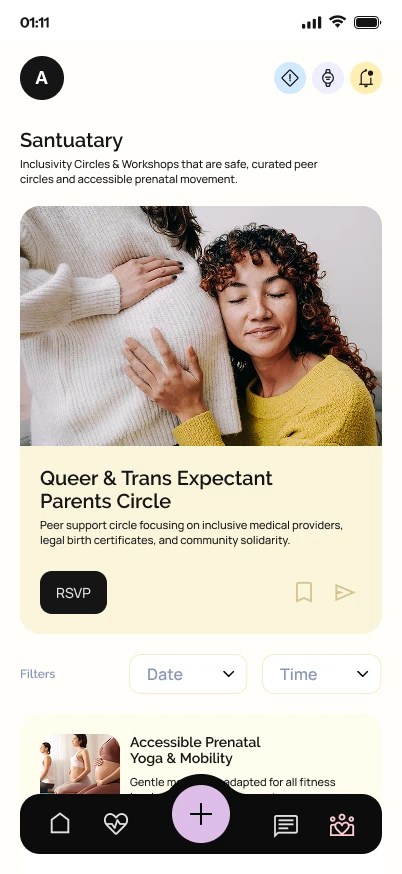 Adoré Sanctuary screen — inclusivity circles and workshops, with a Queer & Trans Expectant Parents Circle and date and time filters