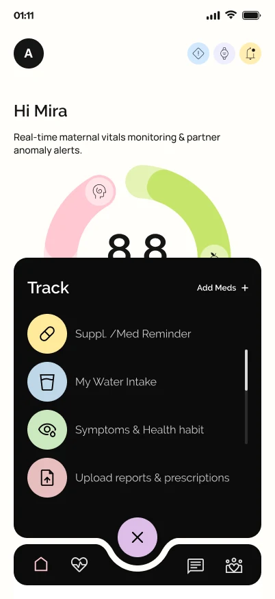 Adoré home with the Track sheet — supplement reminder, water intake, symptoms, and report uploads