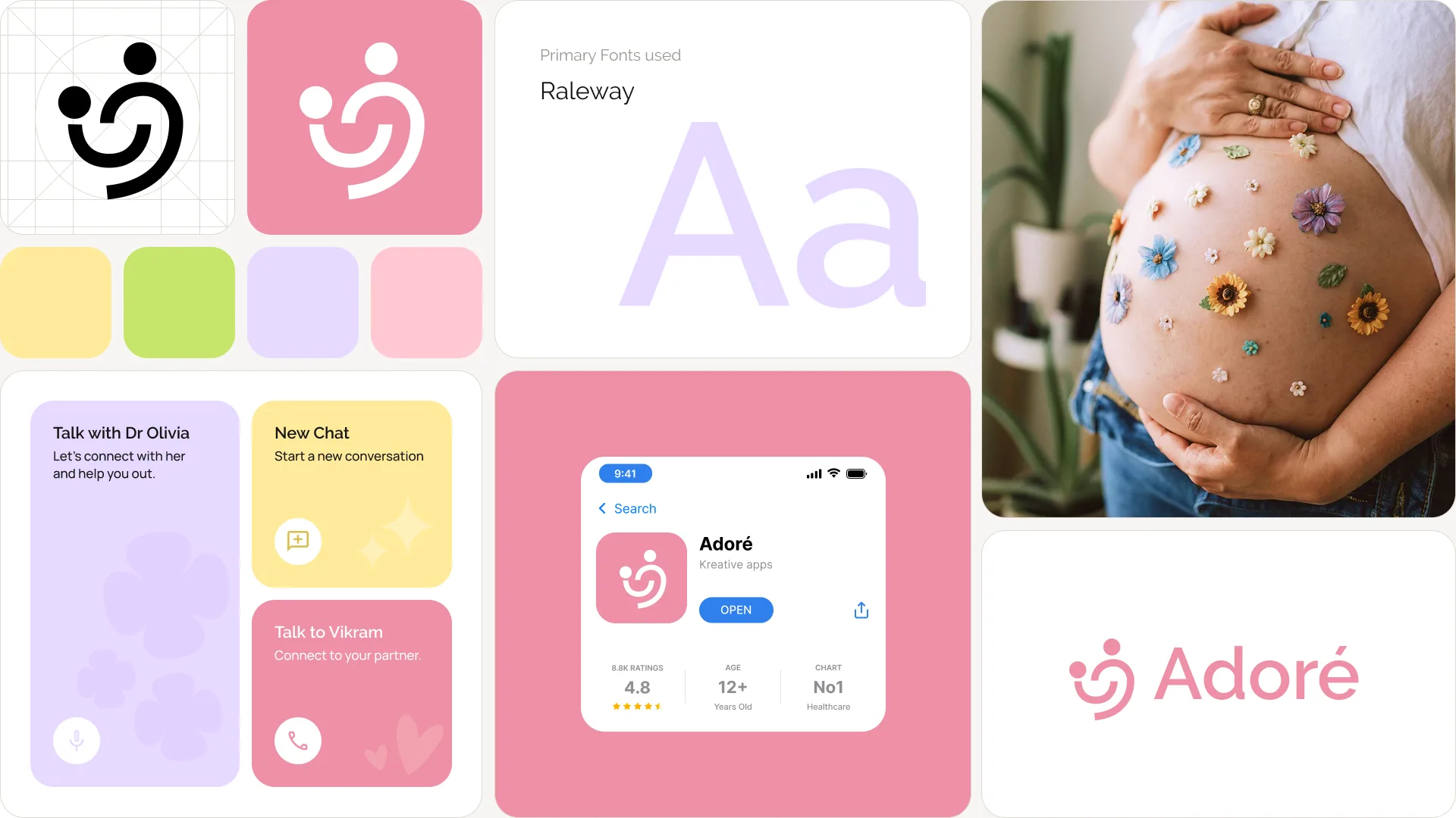 Adoré brand system — logo construction, colour palette, Raleway type, app UI, and wordmark