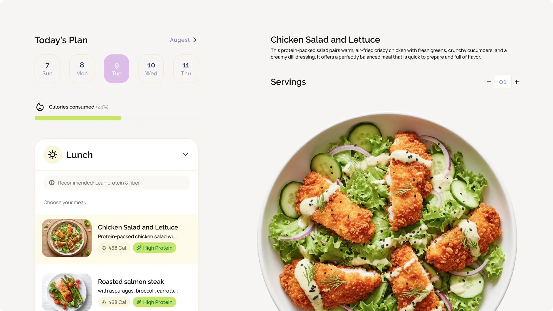 Adoré nutrition screen — a daily meal plan with calories consumed, a lunch picker, and a chicken-salad recipe with servings and details