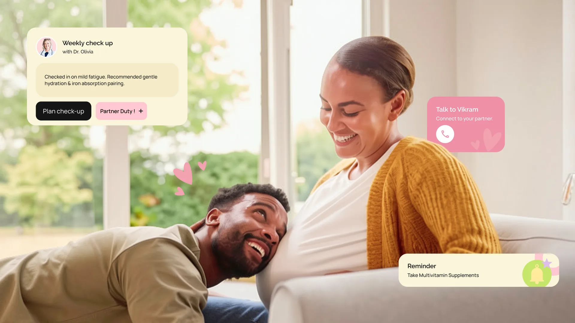 Adoré partner mode — a partner rests his head on her belly while in-app cards show a weekly check-up, a call to her partner, and a supplement reminder