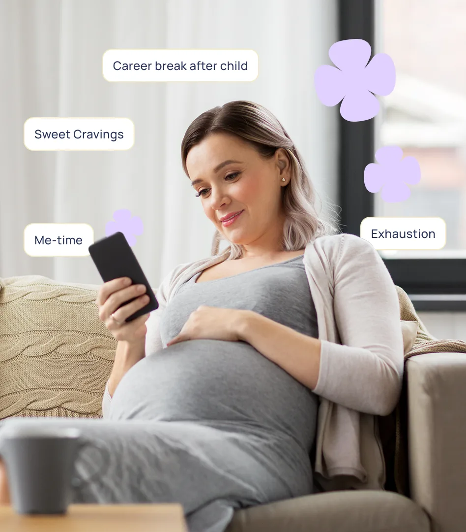 Adoré persona visual — a pregnant woman on her sofa reading her phone, ringed by chips: Career break after child, Sweet Cravings, Me-time, Exhaustion