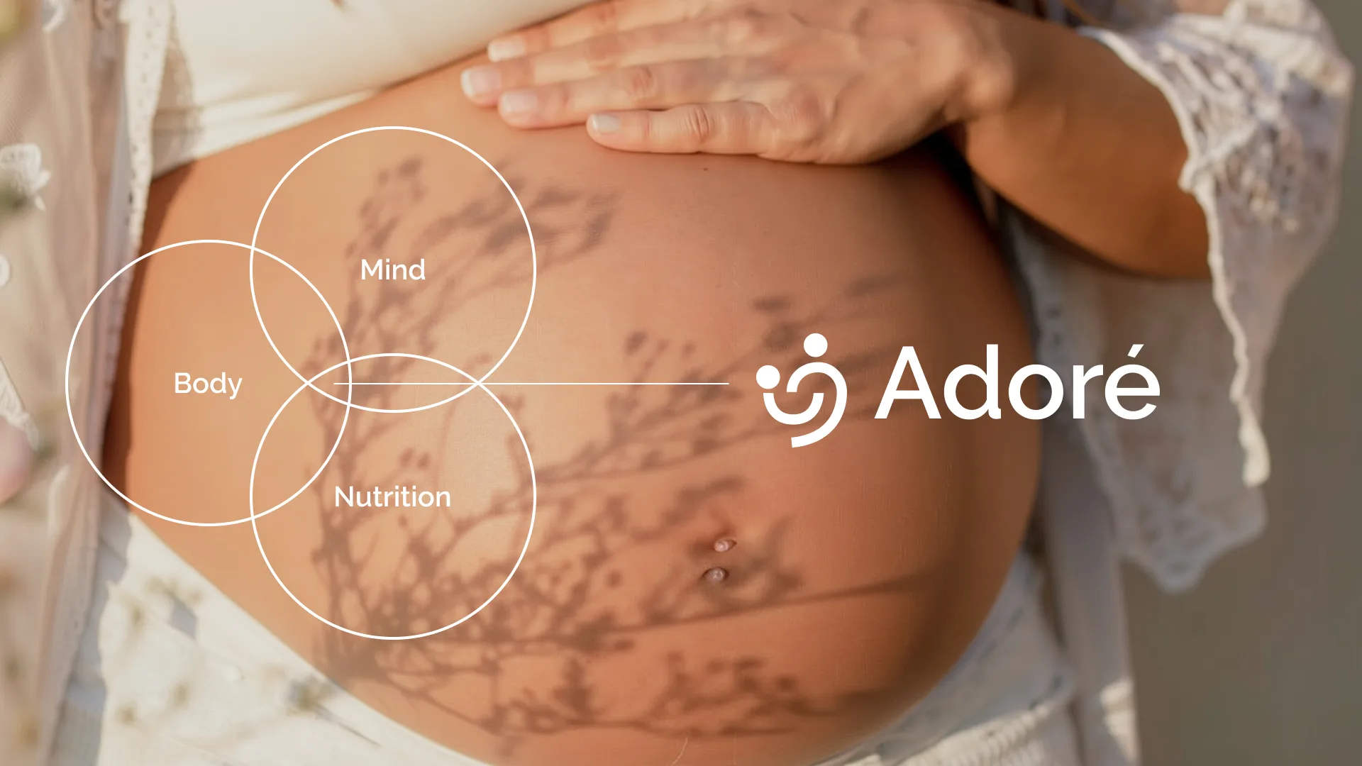 Adoré brand key visual — Body, Mind, and Nutrition circles over a pregnant belly, with the Adoré wordmark