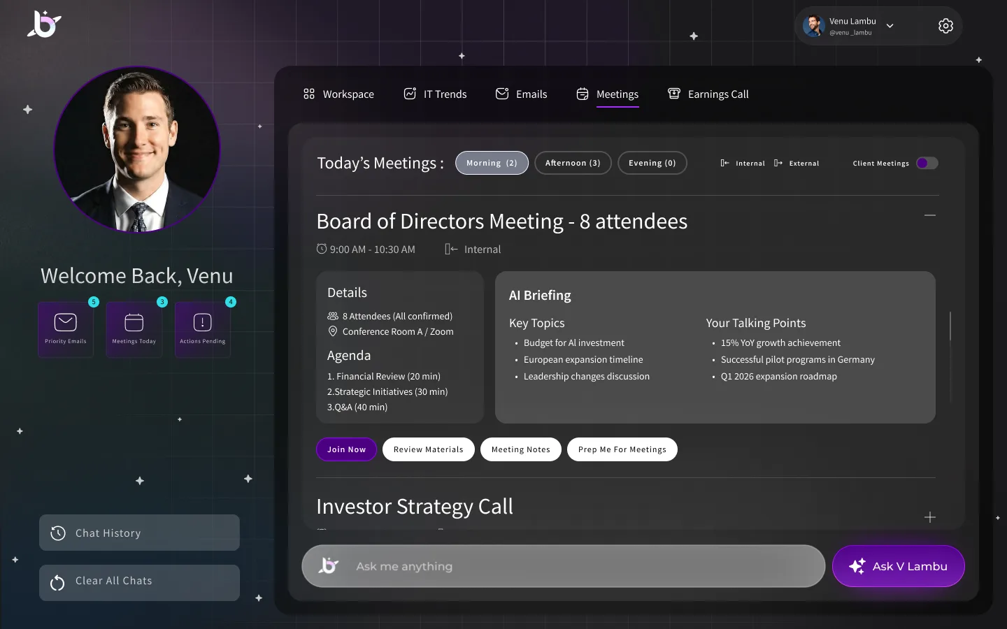 BlueVerse Meetings dashboard
